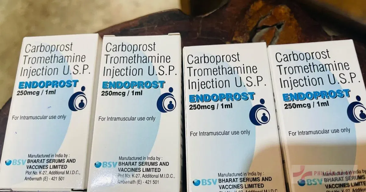 Hộp thuốc Endoprost (carboprost tromethamine 250 mcg/1 mL) dùng kiểm soát băng huyết sau sinh