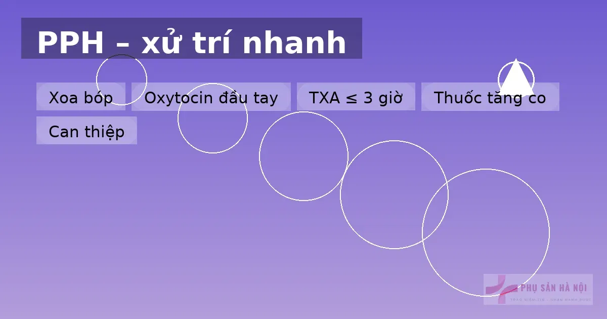 PPH – xử trí nhanh: xoa bóp, oxytocin đầu tay, TXA ≤ 3 giờ, thuốc tăng co, can thiệp